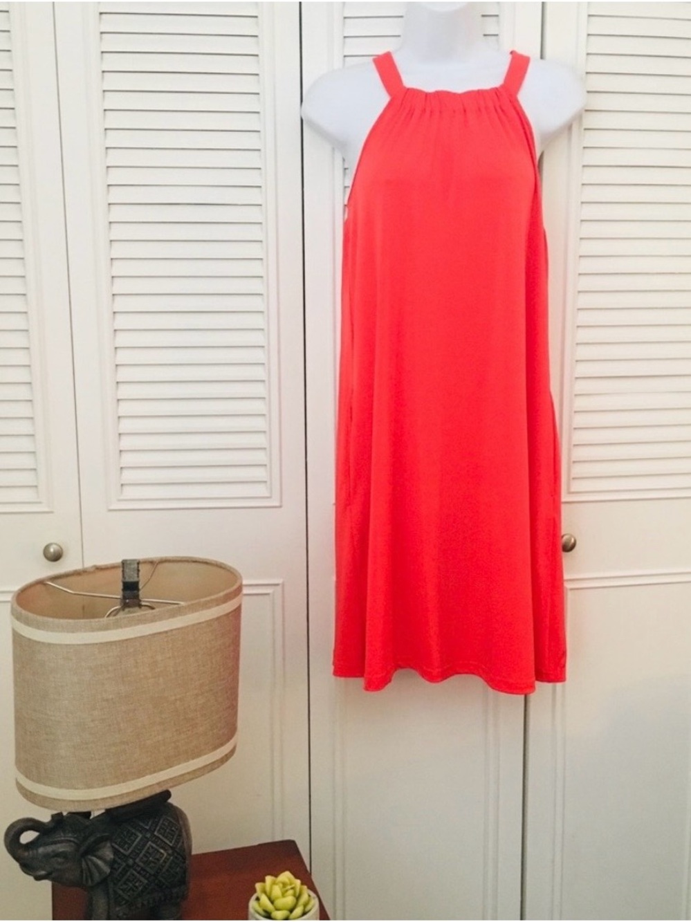 Sleeveless Coral Halter Neck Dress